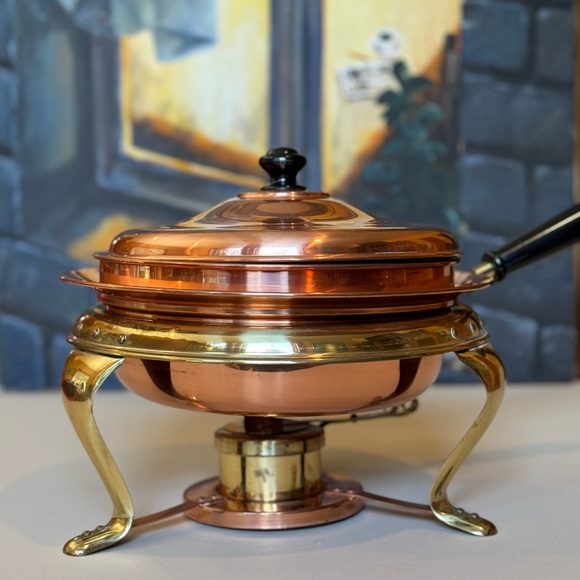 Vtg. Copper & Brass Chafing Dish 11” Dia. 10” Tall - Picture 1 of 11